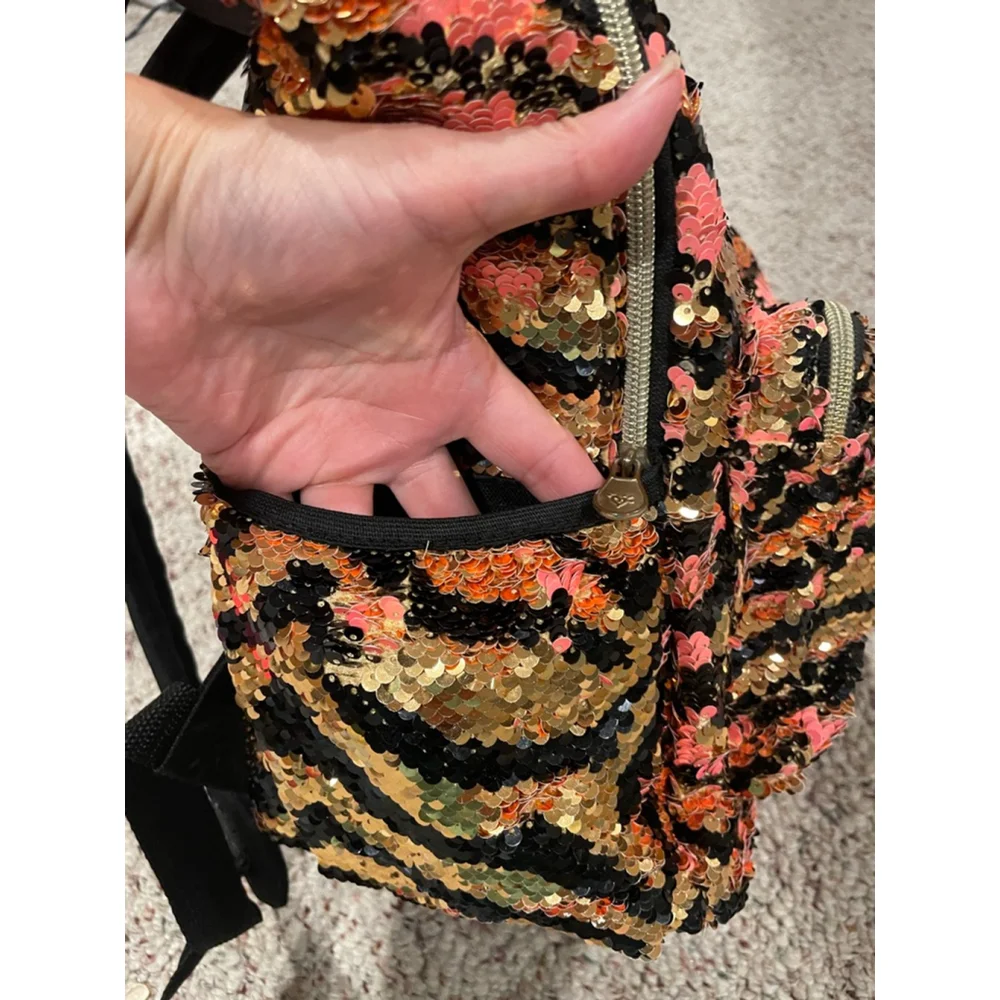 Girls' Backpack-Justice Pink Black Gold Flip-Sequin Zebra (Back to School)